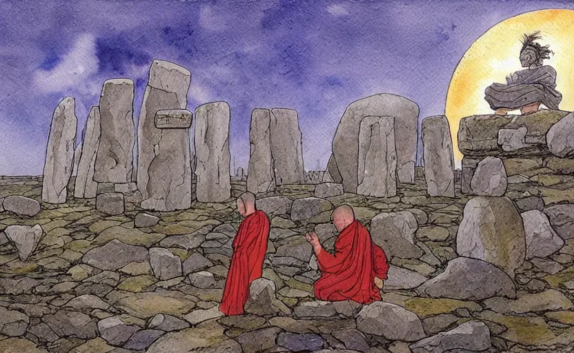 Image similar to a realistic watercolor fantasy concept art of giant monk with a big forehead in grey robes praying in stonehenge. several immense stones are floating in the air. in the background a large ufo is in the sky. by rebecca guay, michael kaluta, charles vess