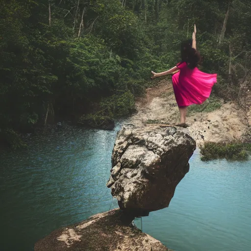 Prompt: woman stepping off a cliff onto a stepping stone in mid-air, photorealistic, 4k by Elsa Bleda