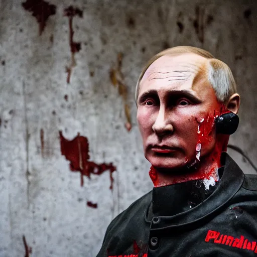 Image similar to putin with a chainsaw and a corpse. in a concrete room, looks like a bunker. focus on putins face with blood splatters. canon eos r 3, f / 1. 4, iso 8 0 0, 1 / 1 6 0 s, 8 k, raw.