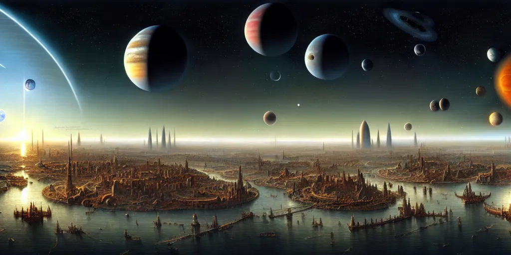 Image similar to planetary city, 2 biggest planets on the horizon of different sizes, intricate, highly detailed, photorealistic, digital painting, artstation, illustration, concept art, smooth, sharp focus, by ansel adams, bernardo bellotto, john collier, albert aublet and krenz cushart