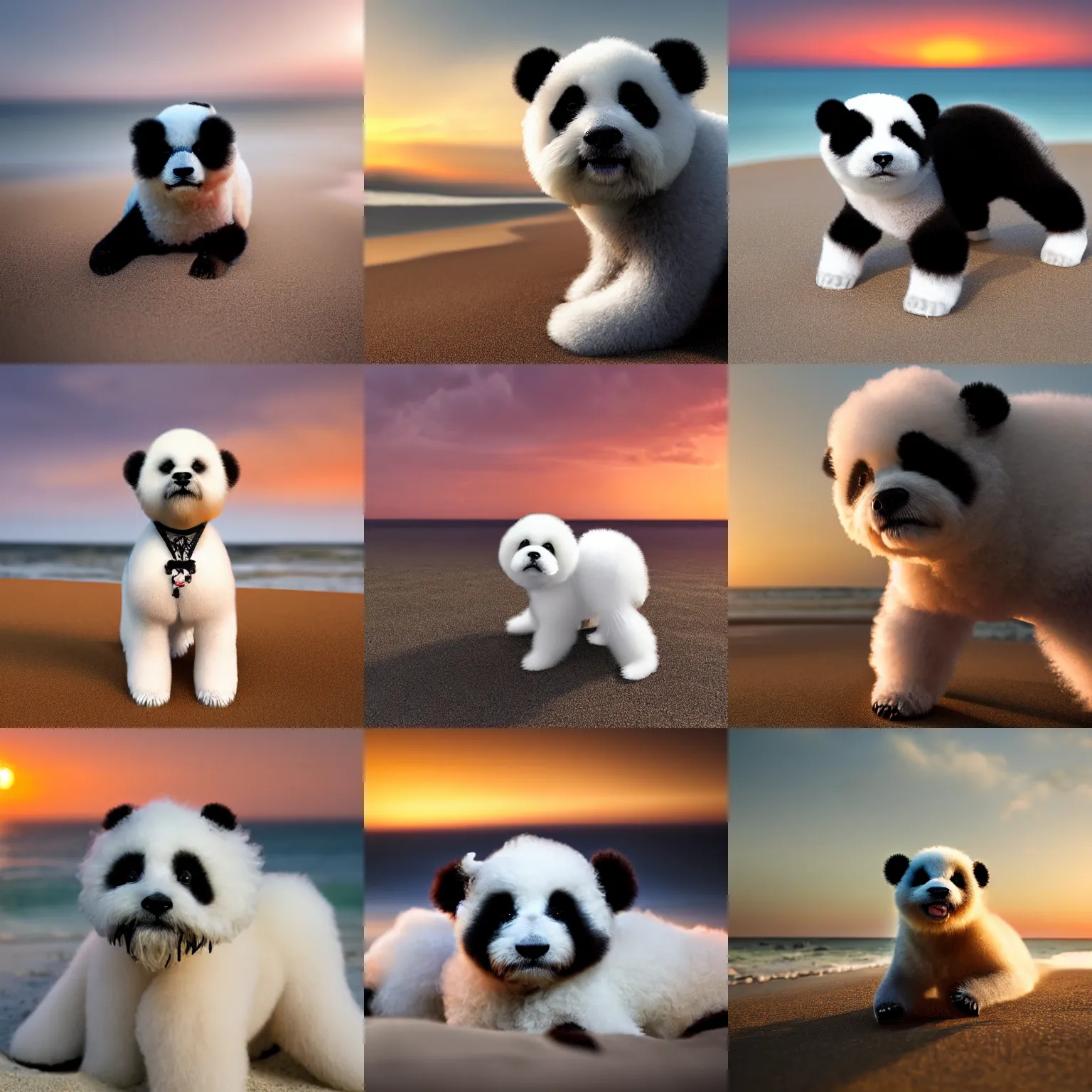 Prompt: a closeup photorealistic photograph of panda themed white bichon frise on the beach at sunset. This 4K HD image is Trending on Artstation, featured on Behance, well-rendered, extra crisp, features intricate detail and the style of Unreal Engine.