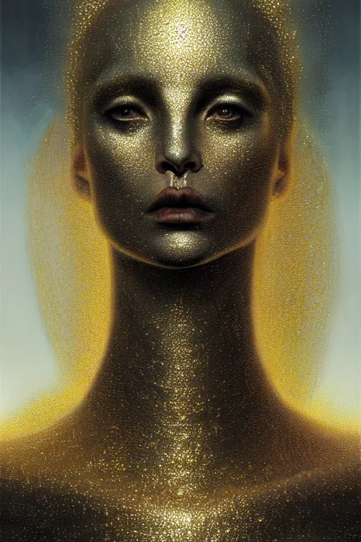 Prompt: pearlescent!! black lilith! the primordial mother of all monsters!! stares into the sky, covered in gold & silver glitter!!, raining ash, fine art masterpiece, highly detailed dino valls wayne barlowe machiej kuciara, dramatic lighting, medium shot, side angle, uhd 8 k, sharp focus