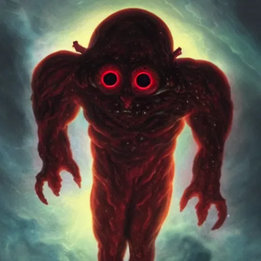 Prompt: a giant god made of dark nebula with glowing red eyes, cosmic horror