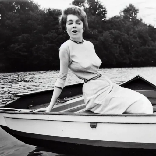 Prompt: a woman on a boat 1960 high quality