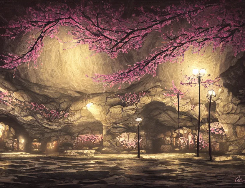 Prompt: cherry blossom limestone cavern night club. heavily stylized, oil painting by indie concept artist. backlighting, chiaroscuro, intricate details, field of depth.