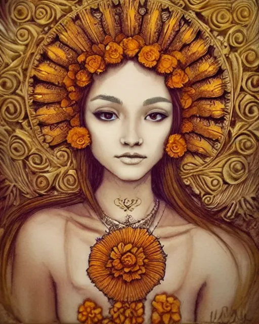 Image similar to beautiful marigold priestess portrait, carved ivory intricate gilding design, artgerm, watercolor, flowers