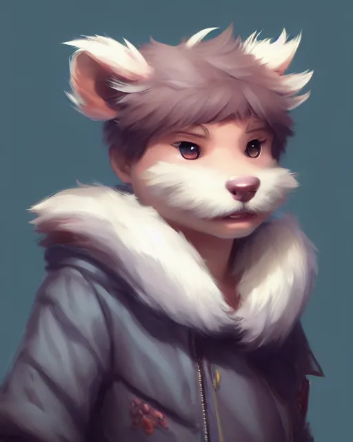 Image similar to character concept art of a cute young male anthropomorphic fluffy furry | | cute - fine - face, pretty face, key visual, realistic shaded perfect face, fine details by stanley artgerm lau, wlop, rossdraws, james jean, andrei riabovitchev, marc simonetti, and sakimichan, trending on artstation