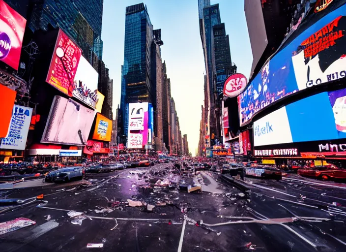 Image similar to film still of the moon shattering into pieces over time square in the new disaster movie, 8 k, night time