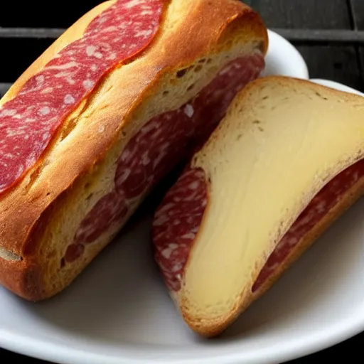 Prompt: a piece of bread with salami, cheese on top