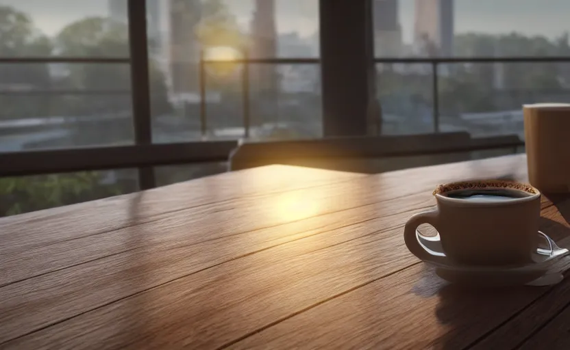 Image similar to a cup of coffee on a cafe table near a window with view to the sunrise, concept art, octane render, unreal engine 5, trending on artstation, high quality, highly detailed, path traced, high coherence, hyperrealistic, godrays, serene scene, soft lighting, macro photo