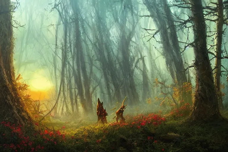 Image similar to sunset lighting ominous shadows, cinematic fantasy painting, dungeons and dragons, an ashigaru feudal armored anthropomorphic brian froud mouse looks over an autumn forest clearing of wildflowers glade jessica rossier and brian froud