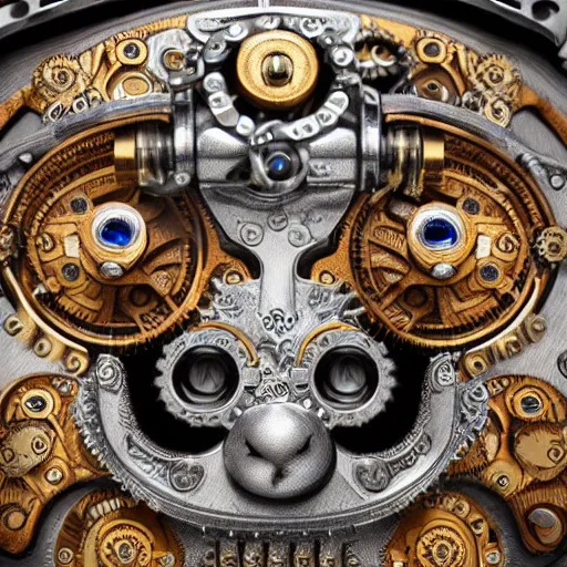 Image similar to A steampunk fox head with sparkling eyes made from ornate engraved full plate armor and Rolex gears and jewels and gems, macro shot by Justin Gerard, unreal engine, detailed, intricate, physically based rendering