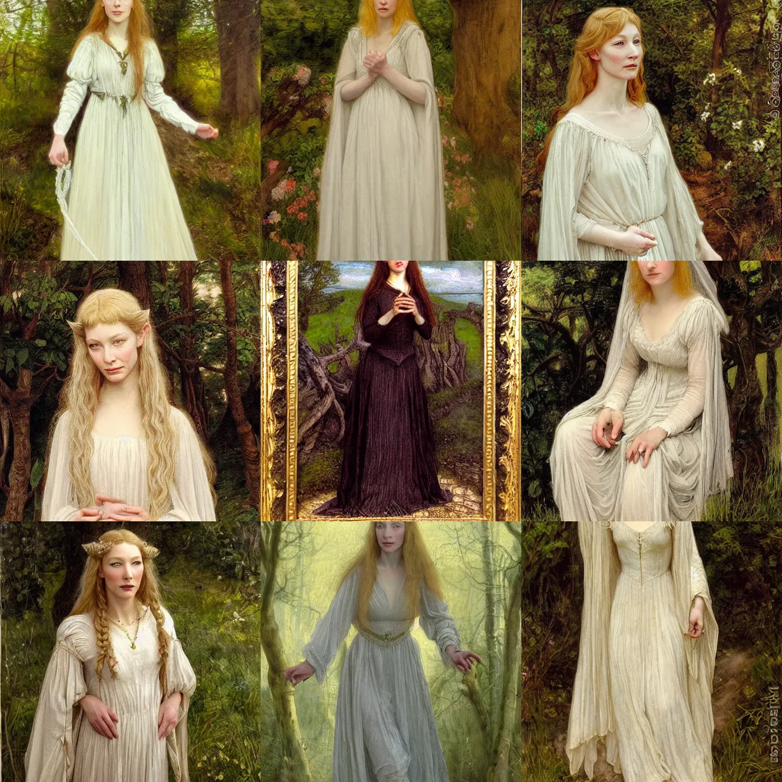 Prompt: a full length portrait of mischievous, dangerous young, Galadriel! (young Cate Blanchett), dressed in a lacy, (((white))) dress. Pre-Raphaelite oil painting, inspired by Henry Meynell Rheam: The Fairy Wood