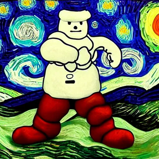 Prompt: painting of an angry stay puft marshmallow man in the style of starry night by vincent van gogh