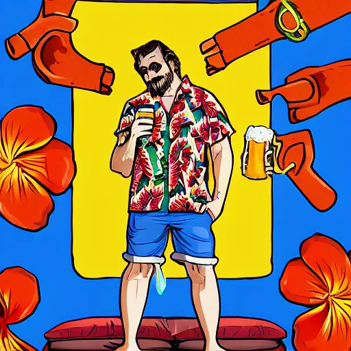Image similar to stay at home dad with an open hawaiian shirt holding a beer, man on couch, living room, lazy, man drinking beer, hawaiian t - shirt, couch bum, house, illustration, artstation award, colorful, painting, sketch, ultra - realistic, from above, angle
