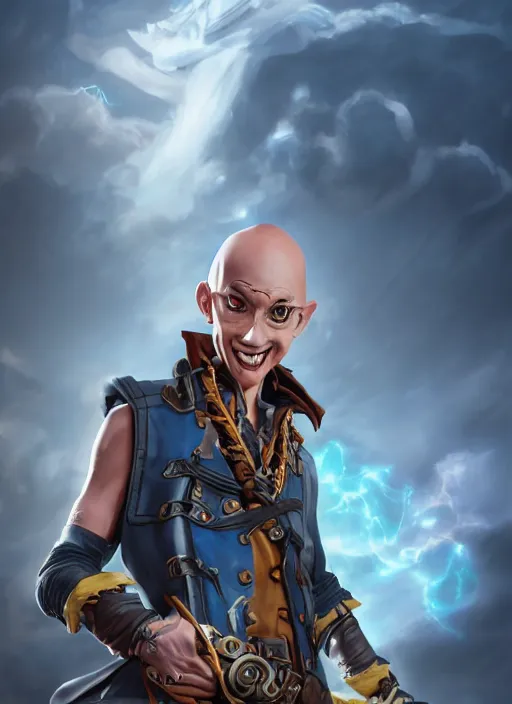 Prompt: An epic fantasy comic book style portrait painting of a skinny white bald sky-pirate with a goofy expression sitting in front of a ship's cannon yu-gi-oh style , unreal 5, DAZ, hyperrealistic, octane render, cosplay, RPG portrait, dynamic lighting