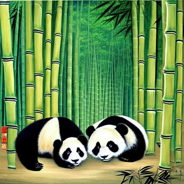 Image similar to a beautiful painting two pandas in the bamboo forest, by zhang daqian painting