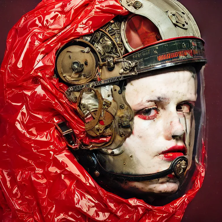 Image similar to portrait of a third reich soldier in ornate motorcycle dirt helmet in a helmet background red plastic bag, circuitboard,, rich deep colors, ultra detail, by francis bacon, james ginn, petra courtright, jenny saville, gerhard richter, zdzisaw beksinsk, takato yamamoto. masterpiece, elegant fashion studio ighting 3 5 mm