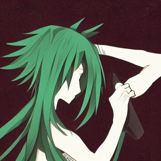 Image similar to male fencer, anime style, green hair, dark, animated, animation, detailed, illustration, moody