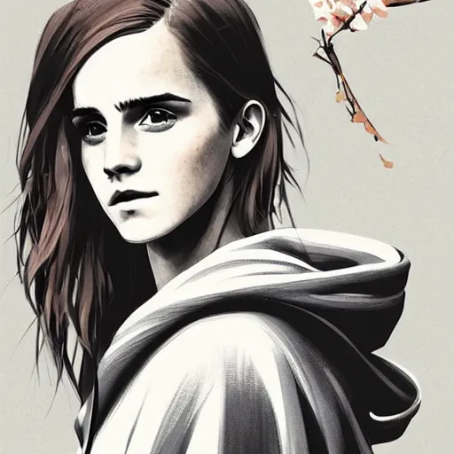 Image similar to fashion model emma watson wearing hoodie digital art by Hokusai by greg rutkowski by wlop high detail comic sharp vector lineart dramtic lighting artstation by trevor henderson by rossd raws cinematic dramatic