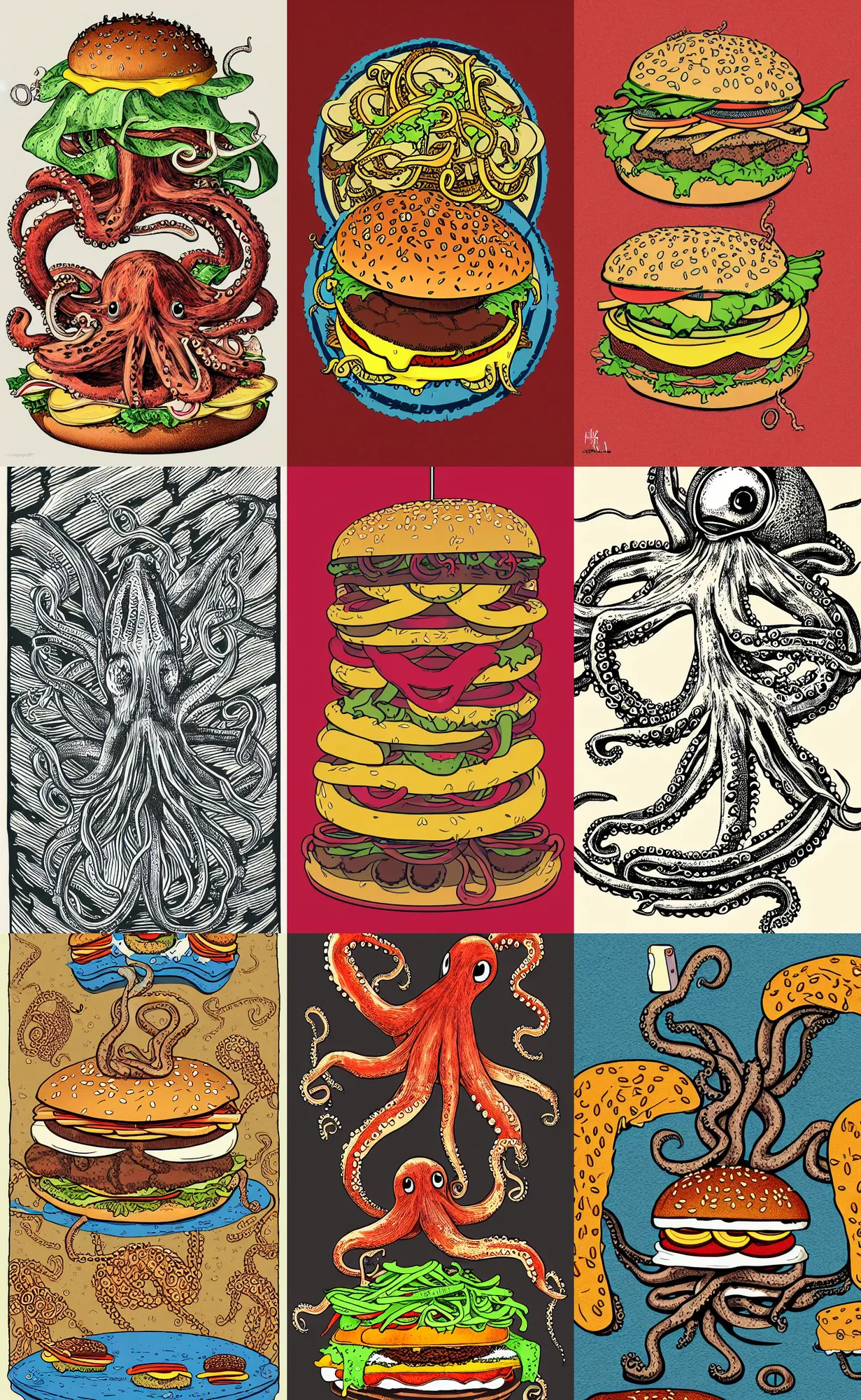 Prompt: highly detailed illustration of octopus eating a burger, symmetrical, hd, trending, silk screen