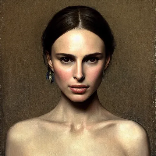 Image similar to portrait of nathalie portman dressed by alexander mcqueen | highly detailed oil painting, hyperrealistic, very intrincate | cinematic lighting, award - winning | by roberto ferri, gustav klimt, william waterhouse and tom bagshaw | by austin osman spare and william blake, trending on artstation, cgsociety, official art, octane.