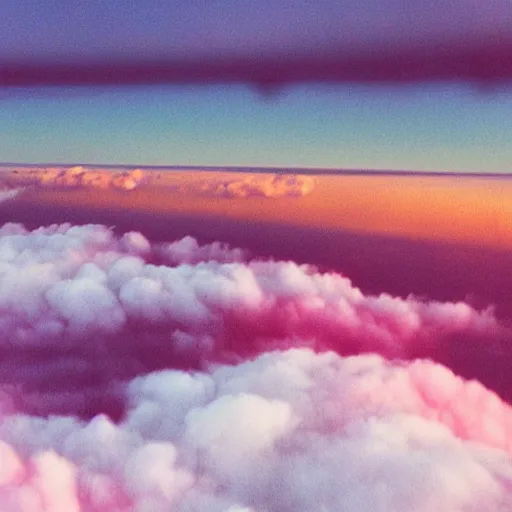 Prompt: view from the airplane windowabove the clouds - pink and orange clouds in the colors of the rainbowcolors at sunset, made of fluff and wool, super realistic, high details, 35mm kodak wide angle lens