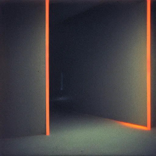 Prompt: noisy color photograph of a retrofuturist liminal space, dark pit, deformations, minimalist, cinematic, soft vintage glow