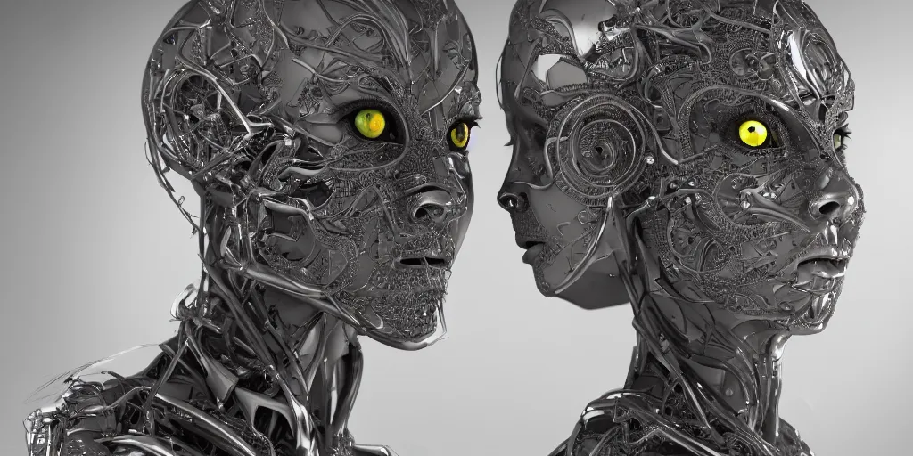 Image similar to ! dream hyperrealistic photography of a female cyborg humanoid, glowing eyes, holding, grasping, highly detailed intricate filigree, in the style of beth cavener, jin kagetsu, wlop,, symmetry, masterpiece, concept art, highkey lighting, ambient lighting, hard key light, octane render, 8 k, artstation