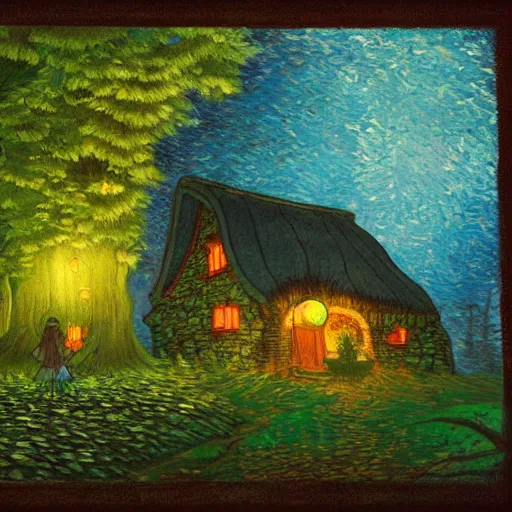 Image similar to mysterious detailed painting of a fairytale cottage in the woods at night, surrounded by giant glowing mushrooms, in the style of studio ghibli and moebius and claude monet and edward hopper and vincent van gogh