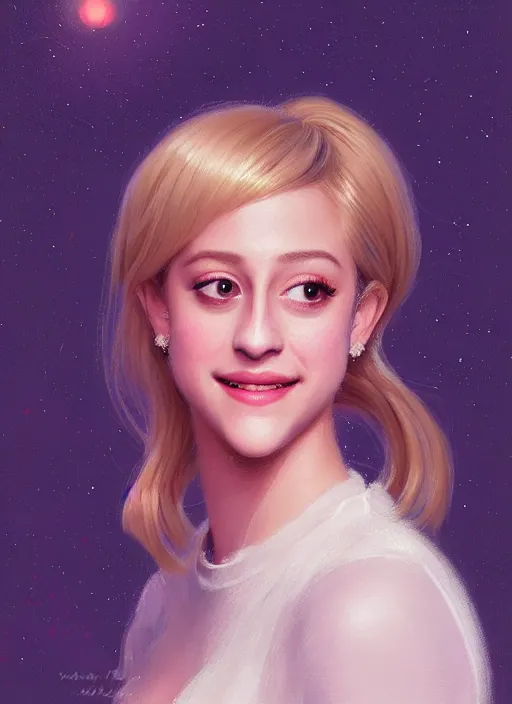 Image similar to portrait of lili reinhart with fluffy bangs, smiling kindly, bangs, 1 9 6 0 s, ponytail, fluffy bangs and ponytail, intricate, elegant, glowing lights, highly detailed, digital painting, artstation, concept art, smooth, sharp focus, illustration, art by wlop, mars ravelo and greg rutkowski