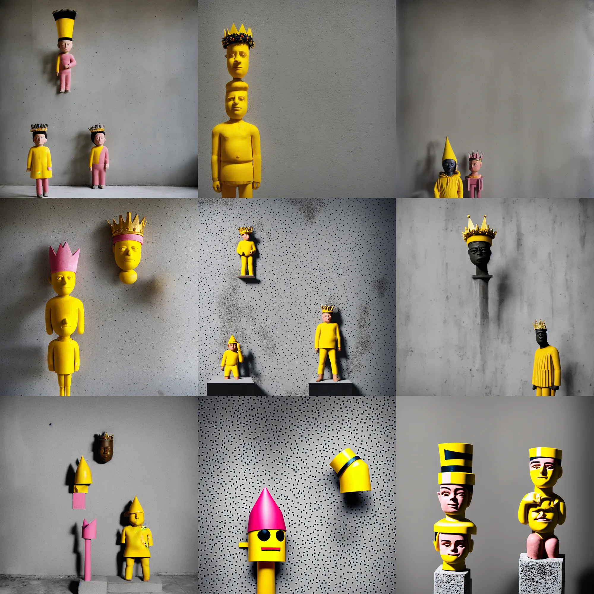 Image similar to kodak portra 4 0 0, 8 k, shot of a highly detailed, britt marling style, colour still - life portrait of a large minimalistic room, rough concrete walls, the wooden statue of a yellow black striped little man with pink crown on his head