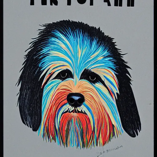 Prompt: tlingit haida lithographic, 3 / 4 portrait of havanese dog, simplified forms, multiple colors, print by tristan - wolf reg davidson clifton guthrie maynard johnny jr.