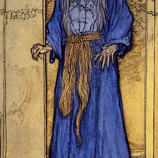 Prompt: A young wizard with blonde hair and blond beard wearing a lustrous blue robe, illustration by Arthur Rackham