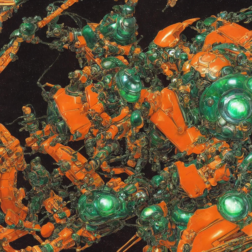 Prompt: a baroque neoclassicist renaissance close - up portrait of a green and orange iridescent whimsical 1 8 0 0 s japanese mecha gundam mantis with big glowing eyes. reflective detailed textures. puffy clouds, dark black background. highly detailed fantasy science fic tion painting by moebius, norman rockwell, frank frazetta, and syd mead. rich colors, high contrast. artstation