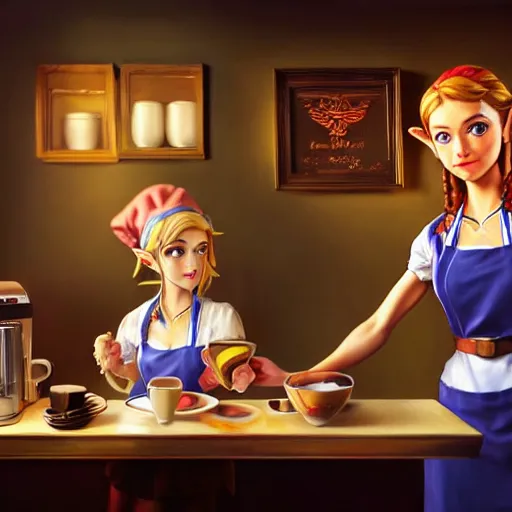 Prompt: Zelda as a cafe waitress pouring coffee into a customer's cup, amazing, beautiful, perfect eyes, full body shot, portrait, vivid colors, elegant, concept art, sharp focus, digital art, Hyper-realistic, 4K, Unreal Engine, Highly Detailed, HD, Dramatic Lighting by Brom, trending on Artstation