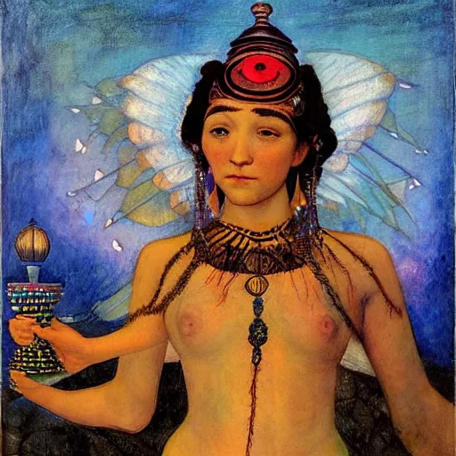 Image similar to queen of the dawn with her lantern, by Annie Swynnerton and Nicholas Roerich and Diego Rivera, bioluminescent skin, feather tattoos, elaborate costume, geometric ornament, symbolist, soft colors, smooth, sharp focus, extremely detailed