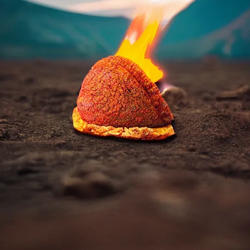 Prompt: surreal giant taco inside a volcanic landscape, award winning photography, high contrast, colorpop, beeple