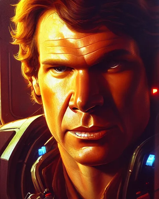 Image similar to character portrait closeup 4 0 years old han solo harrison ford cyberpunk starcraft terran warhammer 4 0 k space marine, confident, character design, painting by gaston bussiere, katsuya terada, frank frazetta, tom of finland, gta v, wlop, artgerm, trending on artstation