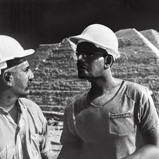 Image similar to a rare candid photograph of an egyptian engineer and a construction worker talking at the early construction of the khufu pyramid, dslr high resolution