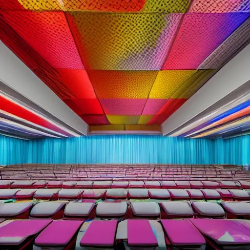 Prompt: interior of inflated lecture hall formed from scaffolding and wrapped in fabric, fabric is translucent and multicolored over scaffolding, cinematic lighting, light rays, ultra realistic, photorealistic, volumetric lighting, photography, eye-level perspective