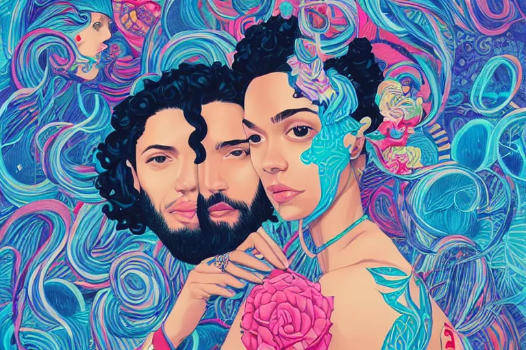 Image similar to a hispanic light - skinned girl with medium length curly hair, and a short - bearded mixed race man with short curly hair, in love, tristan eaton, victo ngai, artgerm, rhads, ross draws