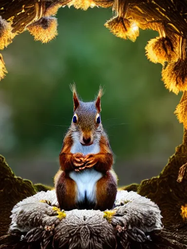 Prompt: a squirrel as king arthur, extremely plump, wearing crown of acorns and dandelions, servant squirrels, king arthur's court, game of thrones, sitting on throne, extreme wide shot, low angle, palace, fantasy art, cinematic lighting, realistic, sony 2 4 mm f 8. 0