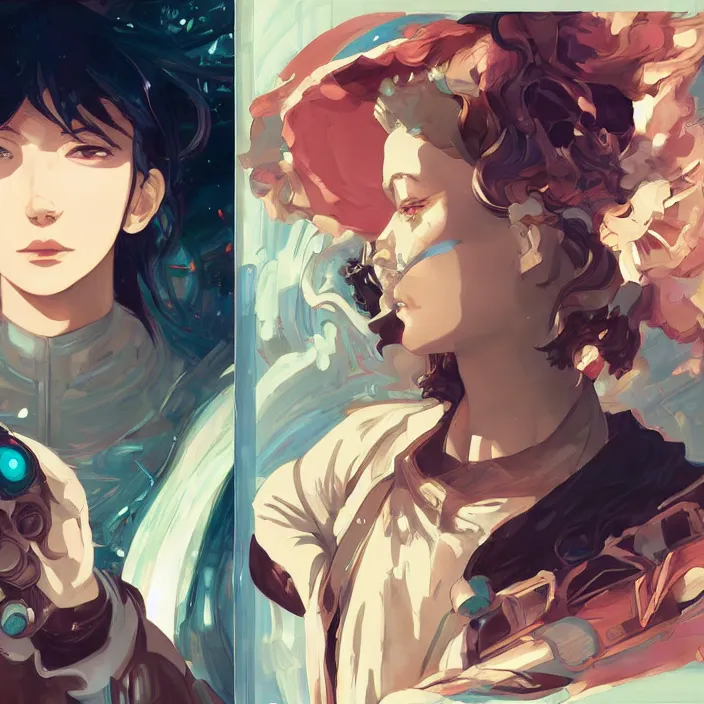 Prompt: anime portrait yor forger, futuristic science fiction, mucha, hard shadows and strong rim light, art by jc leyendecker and atey ghailan and sachin teng