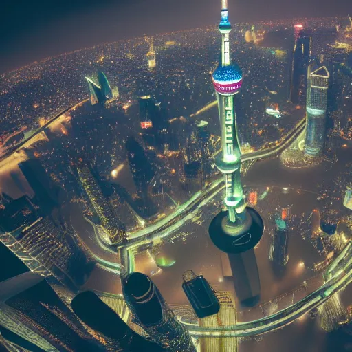 Image similar to a girl flying upon shanghai lujiazui in the night, bird view, cityscape, rain, artstation, 8 k