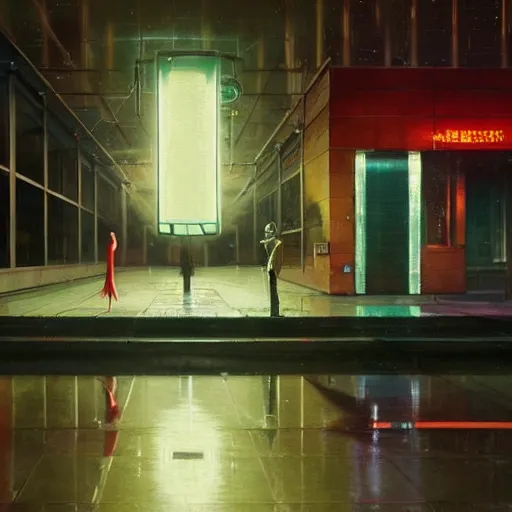 Prompt: detailed rendering of an elegant graceful yet lonely robot, electronic billboards, tech noir, wet reflections, atmospheric, ambient, livia prima, greg rutkowski, edward hopper, pj crook