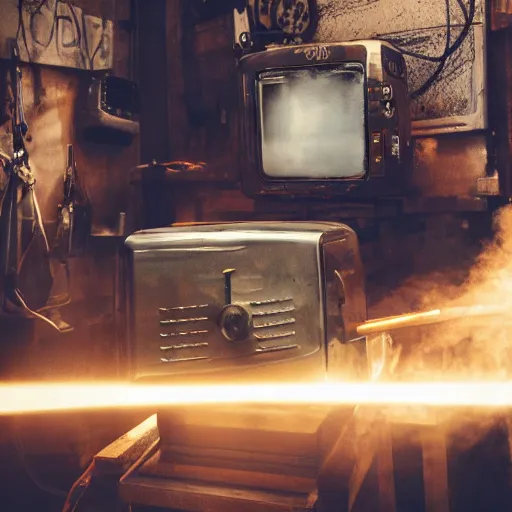 Image similar to cyborg with toaster oven chest, dark messy smoke - filled cluttered workshop, dark, dramatic lighting, orange tint, sparks, cinematic, highly detailed, sci - fi, futuristic, movie still