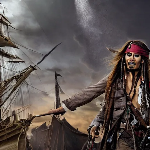 Prompt: a hyperrealistic illustration of Captain Jack Sparrow as Davy Jones, Davy Jones with Tentacles, Face hybrid of Davy Jones and Jack Sparrow, Pirates of the Caribbean Ship with fractal sunlight in the Background