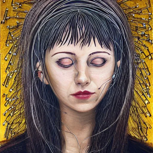 Image similar to beautiful pure evil adult lain with hundreds of wires coming out of her head, a part of her face panel is showing, she is in pure bliss, portrait, painting