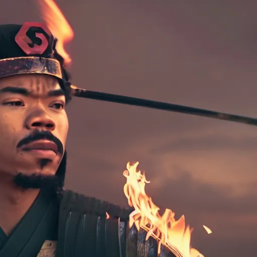 Image similar to cinematic film still of Chance The Rapper starring as a Samurai holding fire, Japanese CGI, VFX, 2022, 40mm lens, shallow depth of field, film photography